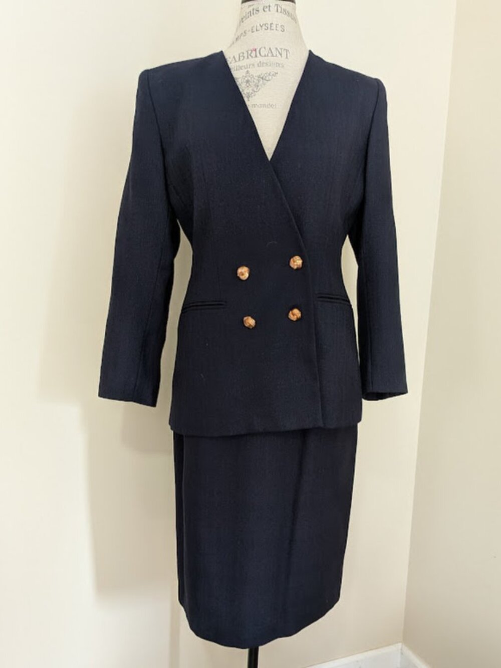 Share Kasper for A.S.L collarless two piece navy blue double breasted skirt suit